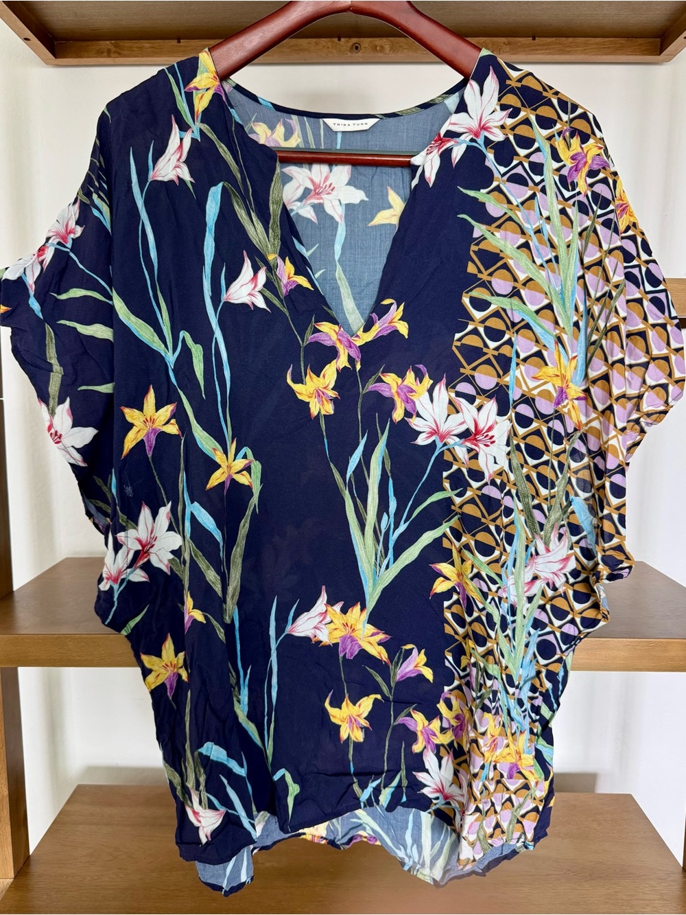 Trina Turk Navy Floral V-Neck Tunic with Yellow & White Accents